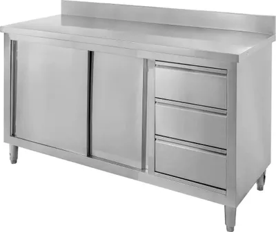 Zdjęcie produktu dla Stół gastronomiczny z szafką i szufladami ze stali nierdzewnej Mega-M 140x70cm