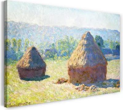 Produktbild von Leinwandbild (80x60cm): Claude Monet - Heuschober Sommerende, echter Holz-Keilrahmen inkl. Aufhänger, handgefertigt in Deutschland
