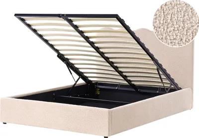 Produktbild von BELIANI Bett Beige Gepolstert mit Lattenrost 140 x 200 cm Hochklappbar Bettkasten Hohes Kopfteil Modern Schlafzimmer Doppelbett