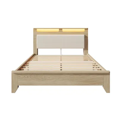 Produktbild von Bettgestell mit Stauraum LED-Beleuchtung und Beigefarbener Cordpolster-Rückenlehne Holzbett Doppelbett 160×200cm