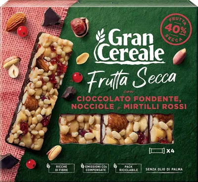 Produktbild von 12x Gran Cereale, Snack Barrette di Frutta Secca Nussriegel mit Zartbitterschokolade, Haselnüssen und Preiselbeeren 120g