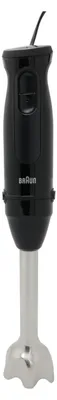 A product shot of a black immersion blender with a silver shaft and blade.