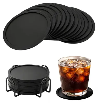 Silikon-Untersetzer 12er-Set, 10 cm, schwarz, rutschfest, mit Halter
