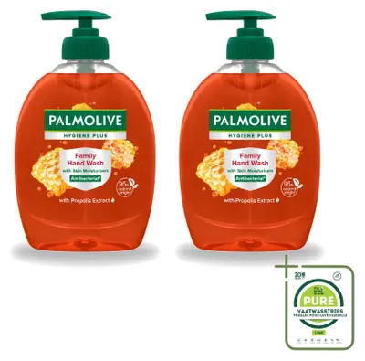 Immagine prodotto di 2 flaconi di sapone liquido per le mani Palmolive Hygiene Plus, formato famiglia, da 300 ml ciascuno. Confezione da 2 pezzi