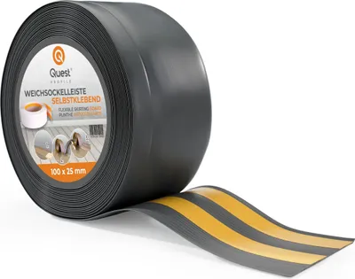 Produktbild von QUEST Weichsockelleiste Selbstklebend 100x25mm, 10m, Sockelleiste Knickleiste aus PVC Kunststoff, Flexible Fußleiste, dunkles Grau