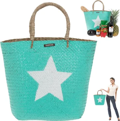 Produktbild von Korb Einkaufskorb Dekokorb Marktkorb Strand Shopper Tasche Handtasche Schwimmbad Tasche aus Palmblatt Deko Zeitungskorb Brennholzkorb , Handarbeit 55143 Star Stern Türkis