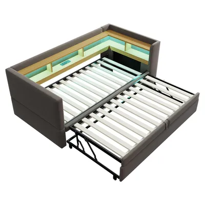 Produktbild von Merax Schlafsofa Tagesbett 90/180x190 cm mit LED & Stauraum, Schlafcouch mit Steckdosen, Sofa Bett Klappsofa für Wohnzimmer, Gästezimmer, Grau