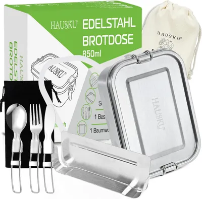 Productafbeelding van RVS Lunch Box, 850 ml, Lekvrij, BPA-vrij, Inclusief Bestek, voor School