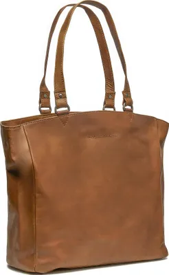 A brown leather tote bag is shown against a white background.