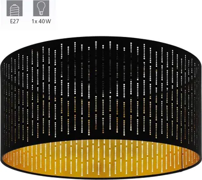 A black drum-shaped lampshade with a gold interior, featuring a pattern of small white dots arranged in vertical lines. The top left corner shows icons and text related to light bulb specifications.