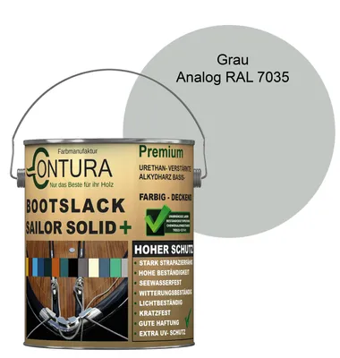 Produktbild von Contura Bootslack 2,5Liter Farbig Glänzend Yacht- Buntlack Metall Holz GFK Holzlack Schiffslack RAL Boot Farblos - Grau - RAL 7035 Analog