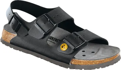 A single black Birkenstock sandal shown from a diagonal angle on a white background.