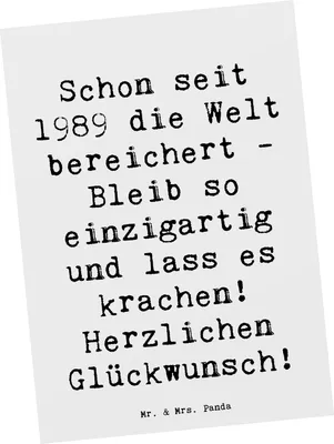 Produktbild von Mr. & Mrs. Panda Postkarte Spruch 1989 Geburtstag - Weiß - Geschenk, Postkarten, Nostalgie Geburtstagsgeschenk, Feier, Grußkarte, Geburtsjahr, Alter, Jahrgang, bildkarte