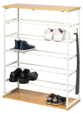 Image de Étagère à chaussures ouverte Eluno pour 18 paires de chaussures, en métal blanc mat, avec 2 étagères en bois, pieds réglables en hauteur, 4 crochets pour sacs, chausse-pieds et parapluies.