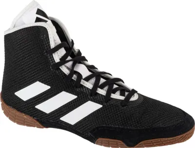 A single black Adidas wrestling shoe with white stripes and a brown sole, shown from the side against a white background.