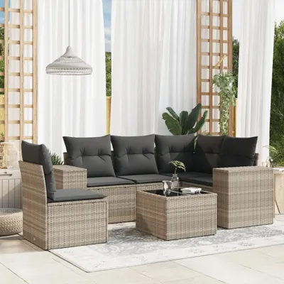 Produktbild von "2026 Promotion" 6-tlg. Garten-Sofagarnitur/Terrassenmöbel - mit Kissen - Hellgrau Poly Rattan - Gartenmöbelset CC12761