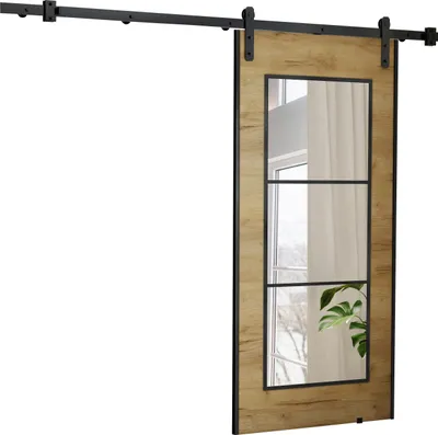 A sliding barn door with a wooden frame and a mirrored panel, mounted on a black metal track.