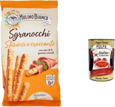 Produktbild von 12x Mulino Bianco Sgranocchi Grissini con 8 Cereali e Sesamo con Farina Sostenibile 210g + Italian gourmet polpa 400g