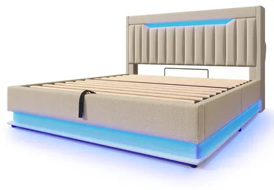 Obrázek produktu pro Manželská postel 180 × 200 cm – čalouněná postel – dřevěný rám – čelo s úložným prostorem, USB a Type-C – LED osvětlení na čele a nohách – látkový potah – béžová