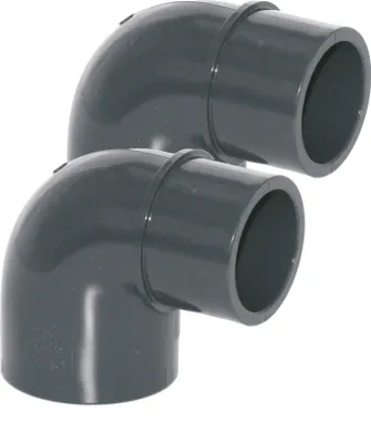 Produktbild von HAF 2x PVC Fittings Winkel 90° reduziert mit 63mm x 50/63mm | Klebemuffe x Klebemuffe/Klebestutzen | Winkelverbinder aus grauem PVC-U | PN16 für Rohr