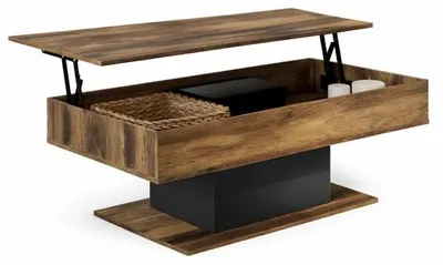 Produktbild von Industrielle Wohnzimmertisch mit Klappbrett 110 cm – Dunkelholz Antikoptik mit Schwarz – Aufklappbarer Wohnzimmertisch mit Aufbewahrungsraum – Zweifachnutzbarer Industriestuhl