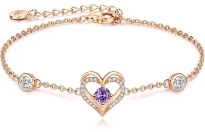 Produktbild von Armband Damen 925 Sterling Silber Herz Rosegold mit Zirkonia und Geburtsstein Februar