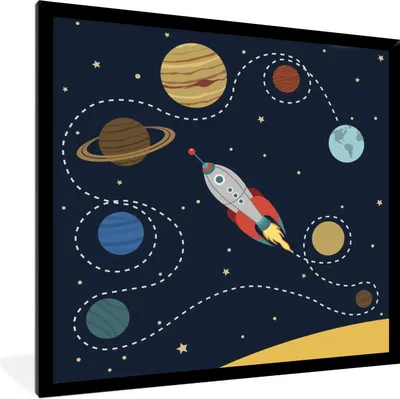 Produktbild von MuchoWow® Gerahmtes Poster Eine Illustration einer Rakete, die durch das Sonnensystem fliegt 40x40 cm - Poster mit Schwarzem Bilderrahmen Wandposter Rahmen Foto Bilder - Mit Rahmen - Wanddekoration Schlafzimmer