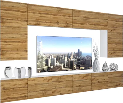 Produktbild von BELINI Wohnwand Vollausstattung Wohnzimmer-Set Moderne Schrankwand mit LED-Beleuchtung Weiß Glänzend Anbauwand TV-Schrank Wotan-Eiche Matt