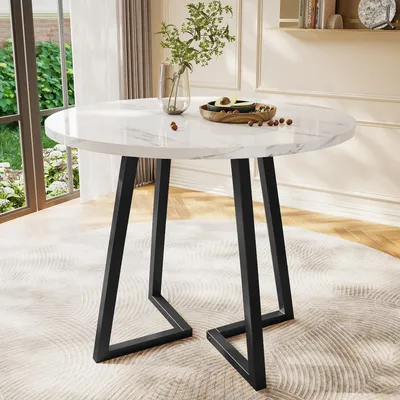 Produktbild von Runder Esstisch (Ø 80 cm) in Weißer Marmor-Optik, Moderner Küchentisch mit schwarzem Design-Metallgestell, Stabiler Bistrotisch für 2-3 Personen, Weiß/Schwarz