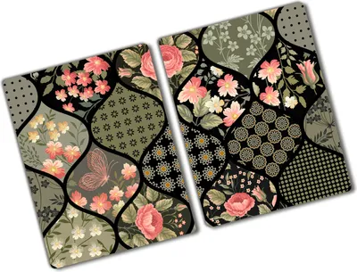 Produktbild von Tulup Glas Herdabdeckplatte - 2x40x52 cm - Glaskeramikkochfeld-Abdeckung Spritzschutz Glasabdeckplatte Kochplattenabdeckung und Schneidebrett - Zweiteilig - Blumen & Pflanzen - Blumenmuster - Grün