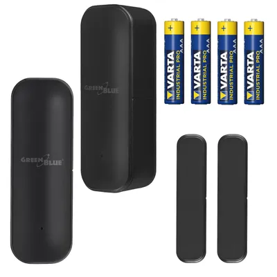 Imagen del producto de 2 sensores de apertura inalámbricos tipo reed de GreenBlue, compatibles con Android/iOS, para puertas/ventanas, con alimentación de 3,0 V DC (LR03x2 GB479 B) y 4 pilas alcalinas AAA