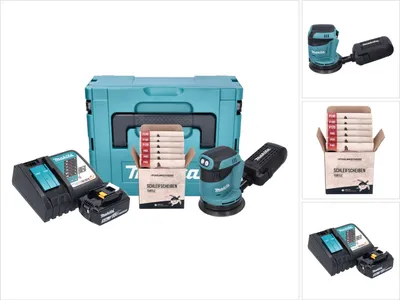 Immagine prodotto di Makita DBO180RT1J Levigatrice eccentrica a batteria 125 mm 18V + 1x batteria 5.0Ah + caricabatterie + scatola Makpac + set di levigatura Toolbrothers TURTLE