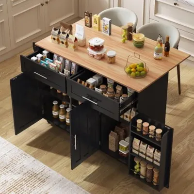 Zdjęcie produktu dla Wyspa kuchenna z rozkładanym blatem, 5 kółek, 2 szuflady, wymiary: 129x71x91,5 cm, kolor: czarny