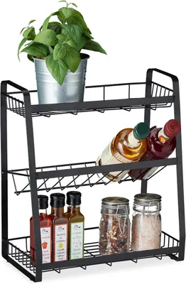 Zdjęcie produktu dla Półka stojąca na przyprawy - 3-poziomowa - do przypraw, przypraw i oleju - metalowa - akcesoria kuchenne - wymiary: 38 x 35 x 18,5 cm - kolor: czarny