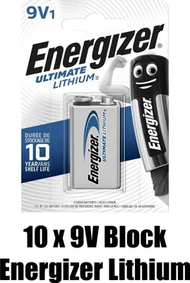 Produktbild von 10 x Energizer 9V Block Lithiumbatterie Blockbatterie 4LR61 ideal für Rauchmelder