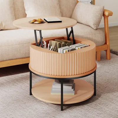Produktbild von BALCONERA Couchtische, Beistelltische, Wohnzimmertisch, Rund, 2-stufiger Stauraum, Schiebetüren Tambour-Design, Holz