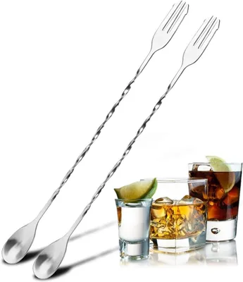 Immagine prodotto di Barlepels - Set di 2 - Cucchiaini lunghi da 26 cm con forchetta incorporata - Cucchiaio-pestello in acciaio inossidabile - Cucchiaio lungo da cocktail dal design spiralato - Pestello