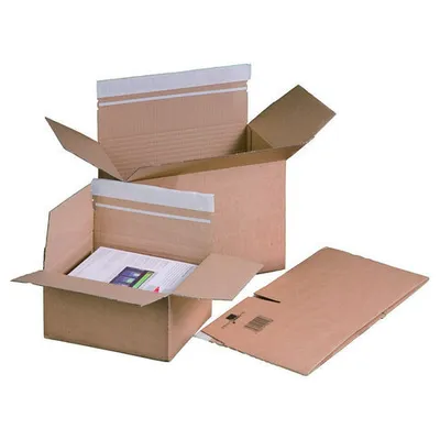 Produktbild von 10x Schnellaufrichtekarton 305x215x(130)-220mm variable Höhe Selbstklebeverschluss Aufreißfaden Automatikboden A4