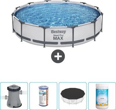 Produktbild von Bestway Round Steel Pro MAX Schwimmbad – 366 x 76 cm – Grau – inklusive Pumpe Filter - Abdeckung - Chlor