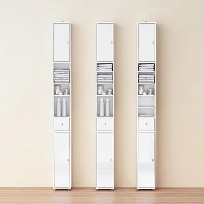 Produktbild von Badezimmerschrank schmal 20x20 cm, Hochschrank Bad 180 cm – Nischenschrank Badezimmer mit 6 verstellbaren Böden & Schublade, Hochglanz Weiß, platzsparender Badschrank BZR167-GW