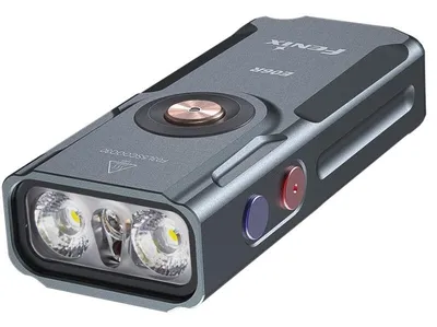 A Fenix E06R flashlight is shown from a diagonal angle against a light gray background.
