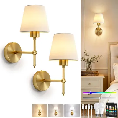 LED-Wandlampen 2er-Set, kabellos, Gold, dimmbar, RGB, Fernbedienung