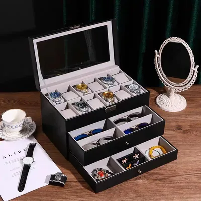 Image de Boîte triple compartiment en cuir noir pour montres et lunettes de soleil