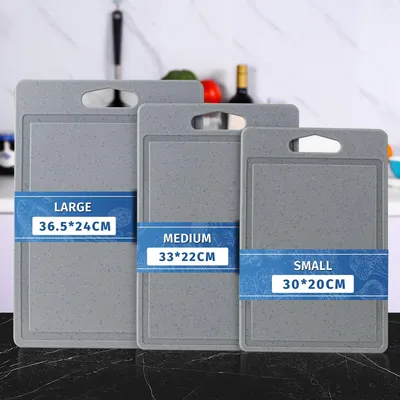 Productafbeelding van Set van 3 snijplanken, met een granietlook, 100% antislipstickers en een sapgroef, BPA-vrij, met handgreep, antibacteriële kunststof snijplanken, vaatwasmachinebestendig, keukentopper (grijs)