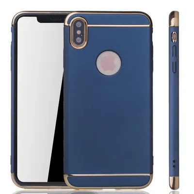 A product shot of a blue iPhone case with gold trim, shown from the front, back, and side.