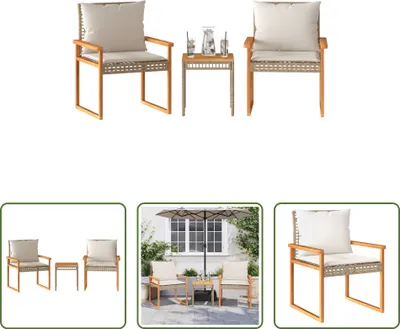 Produktbild von The Living Store 3-tlg. Bistro-Set mit Kissen Beige Poly Rattan Akazienholz