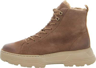A side view of a brown winter boot with a tan sole.