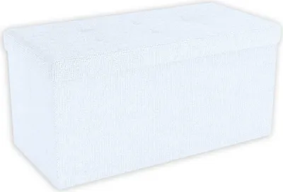 A white storage ottoman with a lid, shown from a slightly elevated side angle against a white background.