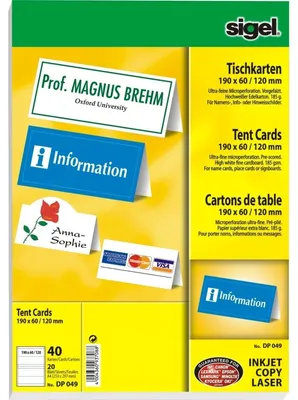Produktbild von SIGEL DP049 Tischkarten, hochweiß, MP, 190x 60/120 mm (A4), 185 g, 40 Karten