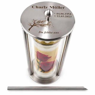 Produktbild von Grablaterne Personalisiert aus Edelstahl inkl. 7 Tage Kerze für Friedhof – Wetterfeste Grablampe, Grablicht, Grableuchte, Outdoor, Grabschmuck